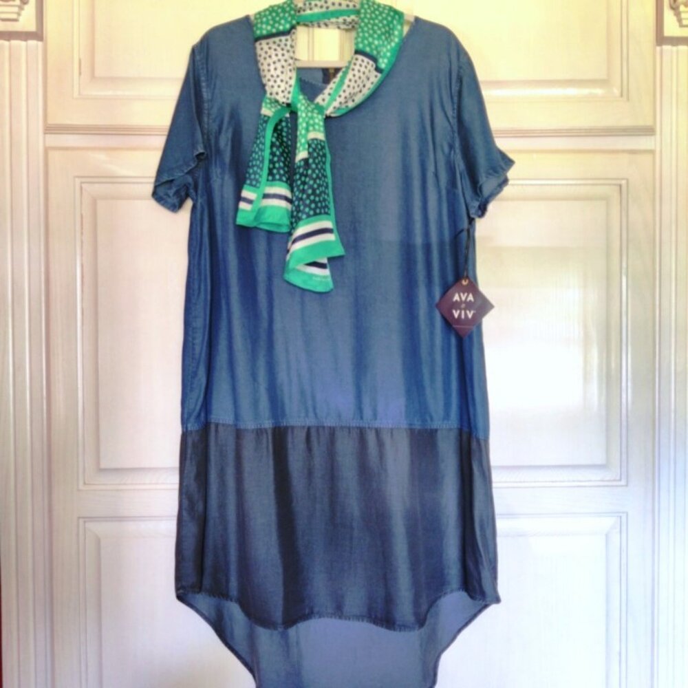 Ava-Viv Chmbry Denim Clr Blck Short Sleeve High Low Midi Dress w/Scarf SZ 1X NWT